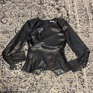 Vegan Black Leather long sleeve shoulder pads wrap blouse